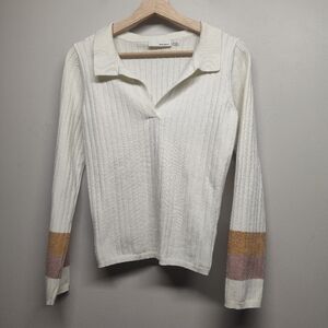 Heatherly Sweater Women Size M Cream Pink Stripe Collared Ribbed Stretch Casual